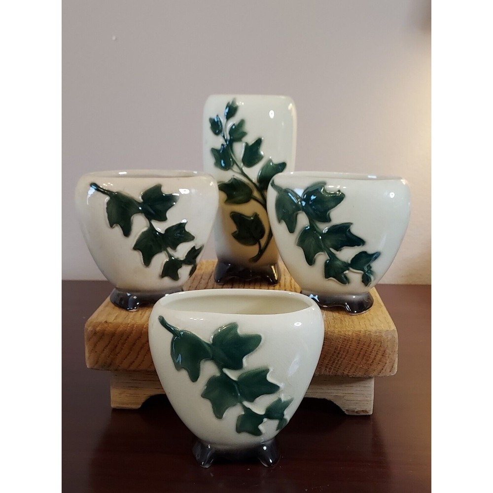 Vintage Set of Royal Copley Ivy Leaf Vase and 3 Planters crazing throughout